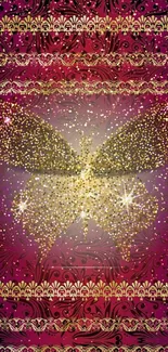 Glittering butterfly on a pink and gold background mobile wallpaper.