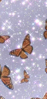 Vibrant butterflies with a sparkling, glittery background on a phone wallpaper.