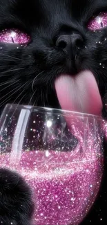 Black cat with pink sparkling eyes and drink.