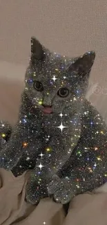 Cat covered in glitter sitting on a bed creating a magical effect.