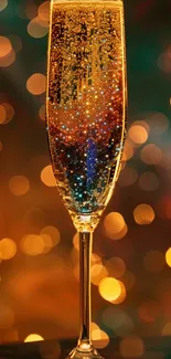 Champagne flute with sparkling bokeh lights.