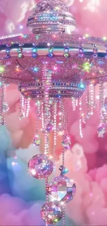 Glittering chandelier amidst pastel clouds.