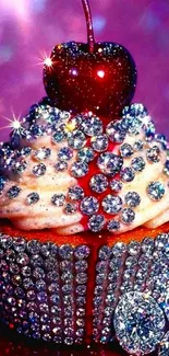 A luxurious cupcake with a cherry on top, encrusted in sparkling jewels.