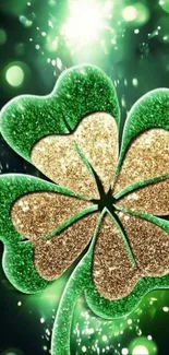 Glittering four-leaf clover with green and golden sparkle on black background.