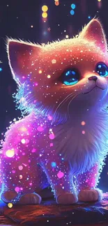 Adorable cosmic cat with glittering fur in vibrant purple hues.