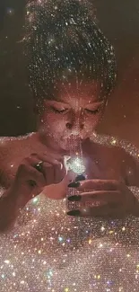 Woman in a bright, sparkling bath surrounded by glittering bubbles.