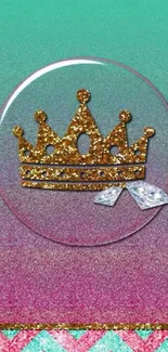 Gold glitter crown on turquoise and pink gradient mobile wallpaper.