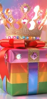 Sparkling golden crown on a colorful gift box with bow.