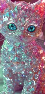 Sparkling crystal cat with blue eyes and vibrant colors.