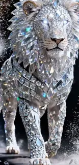 A dazzling lion crafted from sparkling crystals, set against a dark background.
