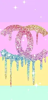 Colorful glitter logo with pastel drip on wallpaper.