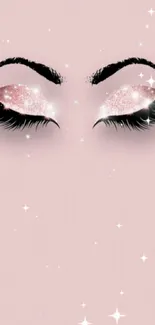 Glittering pink eyelashes with sparkles on a soft pink background.