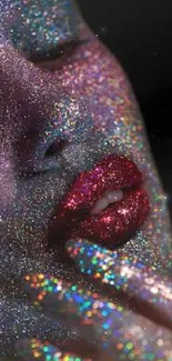 Sparkling face with vibrant glitter art on a black background.