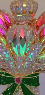 Glittering gemstone crown with vibrant pink and green colors on a mobile wallpaper.