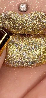 Gold glitter lips and nails wallpaper for a glamorous phone background.