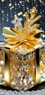 Golden gift box with stars on a festive wallpaper.