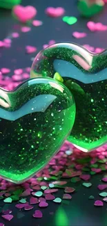 Glittering green heart wallpaper with pink accents