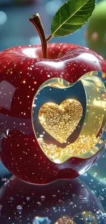 Red apple with glittering heart-shaped cutout on a colorful background.