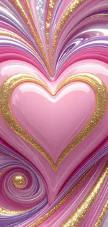 Pink heart with golden glitter on swirling colorful background.
