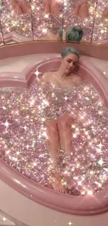 Person in glitter-filled heart-shaped bathtub with mirrors.