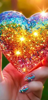 Vibrant glittering heart held in hand.