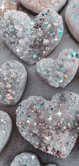 Heart-shaped crystals with iridescent sparkle on a light background.