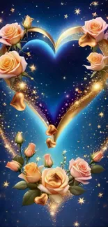 Glittering heart with roses and stars on a dark blue background.