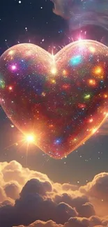 A sparkling heart floats in a luminous starry night sky.