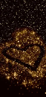 Glittering heart with golden sparkles on a dark background.