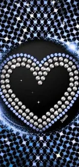 Glittering heart design with blue and black tones for mobile wallpaper.