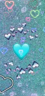 Blue glitter background with colorful neon hearts.