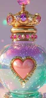 Glittering heart-shaped perfume bottle with vibrant gems and sparkles.