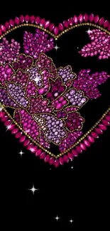 Glittering heart with pink jewels on black background wallpaper.