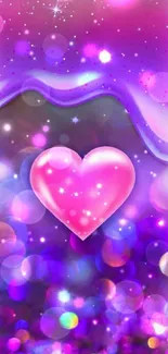 Sparkling pink heart on purple background with stars.