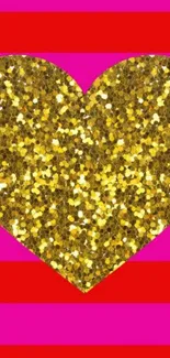 Golden glitter heart on pink and red striped background wallpaper.