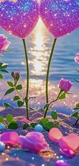 Glittering hearts and pink roses at beach sunset.