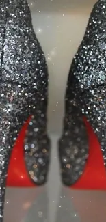 Sparkling silver high heels with red soles, perfect for a glamorous look.