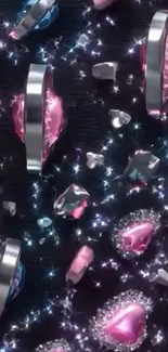 Glittering jewel heart wallpaper with pink and silver decorations.