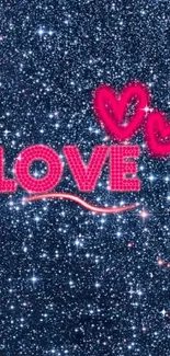 Sparkling galaxy wallpaper with pink 'Love' and hearts.