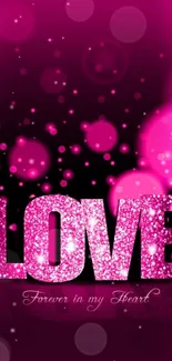 Glittering pink and magenta wallpaper with LOVE text.