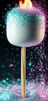 Glittering marshmallow with flame and sparkles in blue-purple hues.