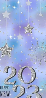 Glittery 2023 New Year wallpaper with stars.