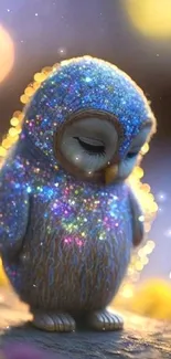 Enchanting glittering owl with shimmering blue hues in a fantasy setting.