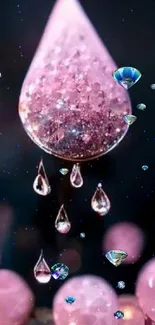 Glistening pink crystal droplets on a dark background.