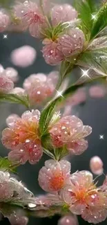 Pink flowers with dew and sparkle against green leaves.