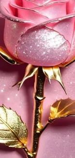 Glittering pink rose with golden accents wallpaper.