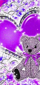 Purple teddy bear wallpaper with glittering hearts.