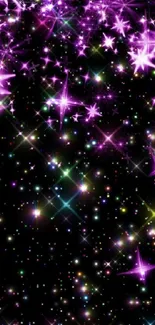 Vibrant galaxy wallpaper with purple stars and cosmic glitter.