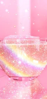 Sparkling teacup with rainbow colors against a pink background.