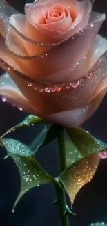 Close-up of a pink rose with water droplets.